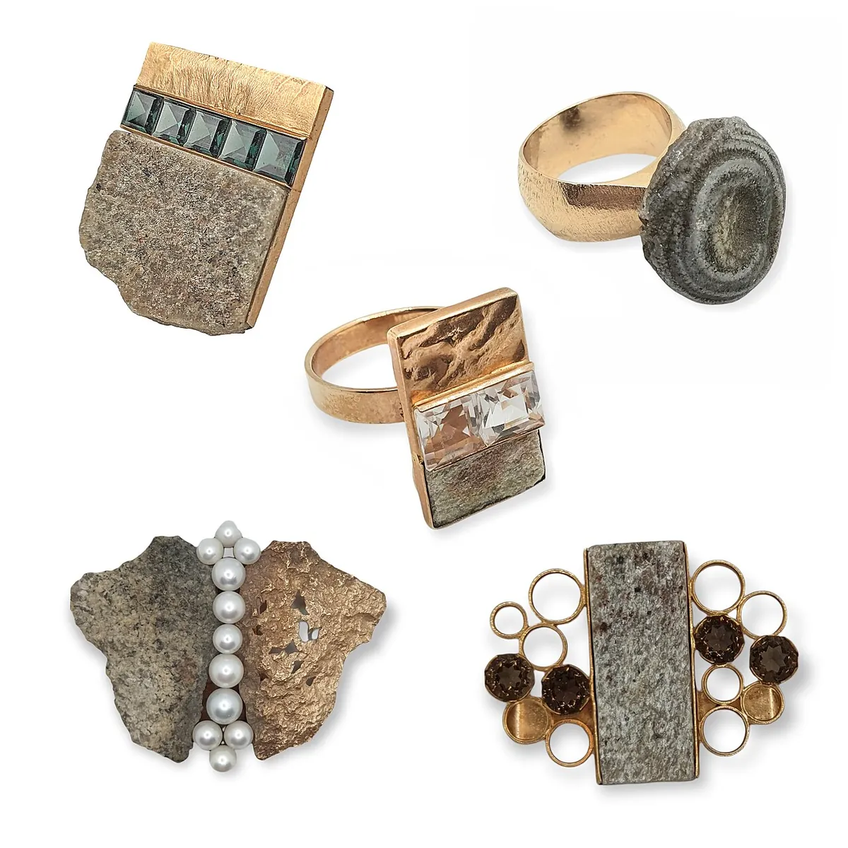 Five pieces of 1960s gold jewelry set with stone slices, including a druzy agate ring
