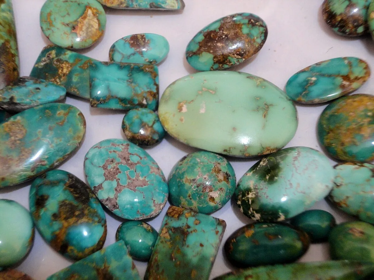 Many polished turquoise cabochons in blue and green with brown matrix veining